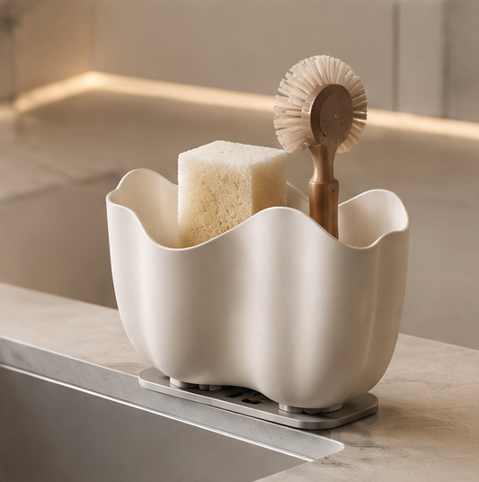 Cream-coloured wave-shaped sink caddy on a slotted base holding a sponge and dish brush