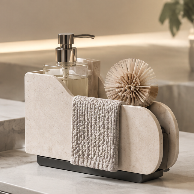 Divided sink caddy holding everyday cleaning essentials beside a sink