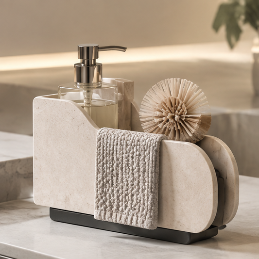 Divided sink caddy holding everyday cleaning essentials beside a sink