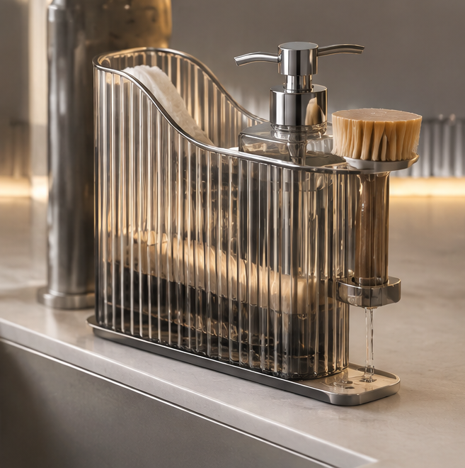 Overhead view showing sponge compartment, soap dispenser and brush holder