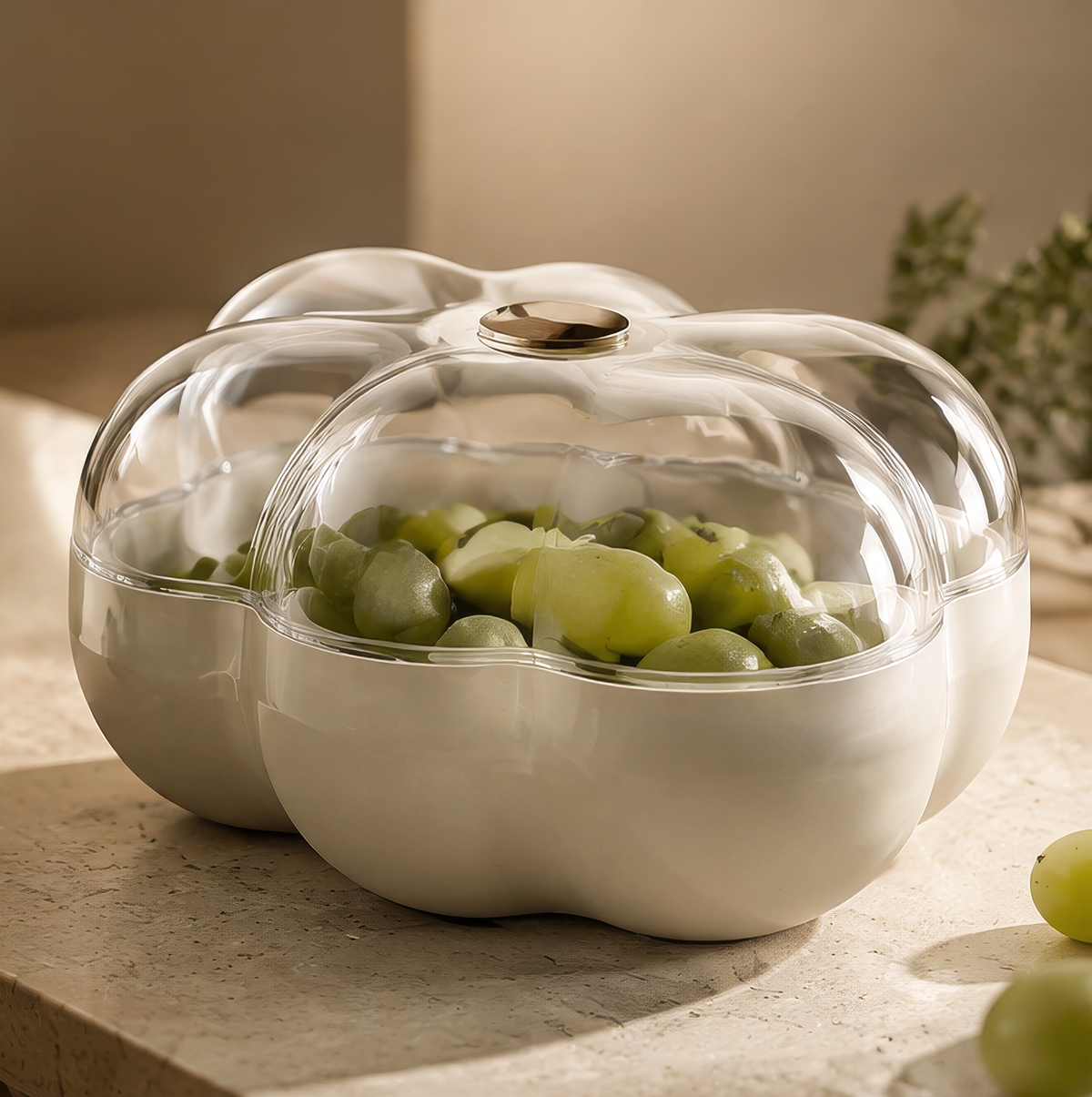 Cream-coloured flower food storage bowl with clear petal-shaped domed lid and gold-tone knob