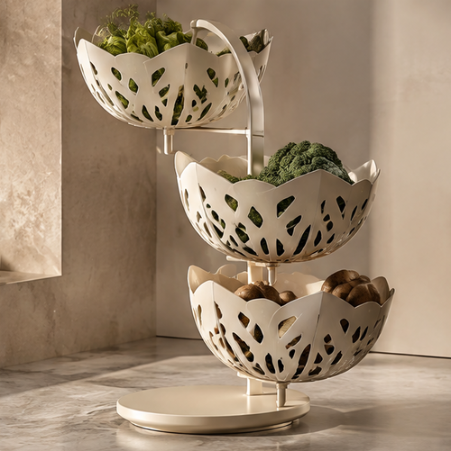 Three-tier petal basket rack with arrows illustrating rotation