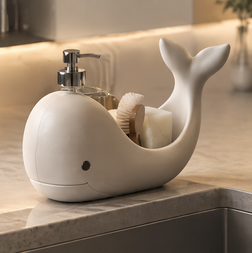 Whale-shaped sink organizer showing rounded head, smile and raised tail