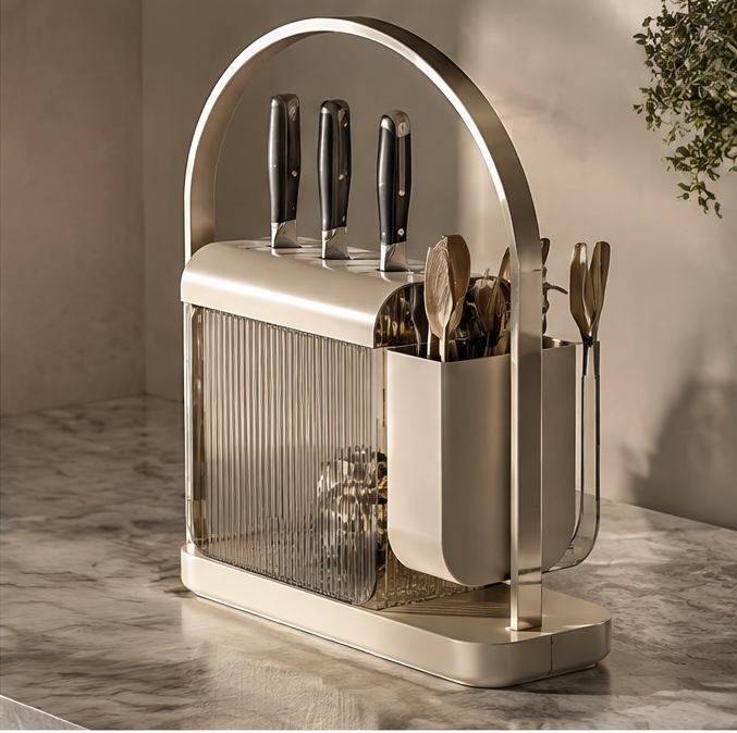 Organizer shown with detached ribbed panel and utensil cup for cleaning