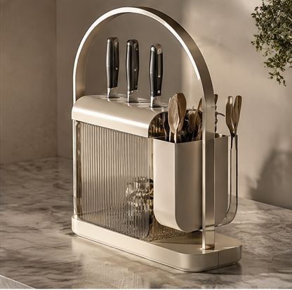 Organizer shown with detached ribbed panel and utensil cup for cleaning