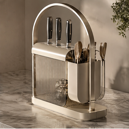 Organizer shown with detached ribbed panel and utensil cup for cleaning