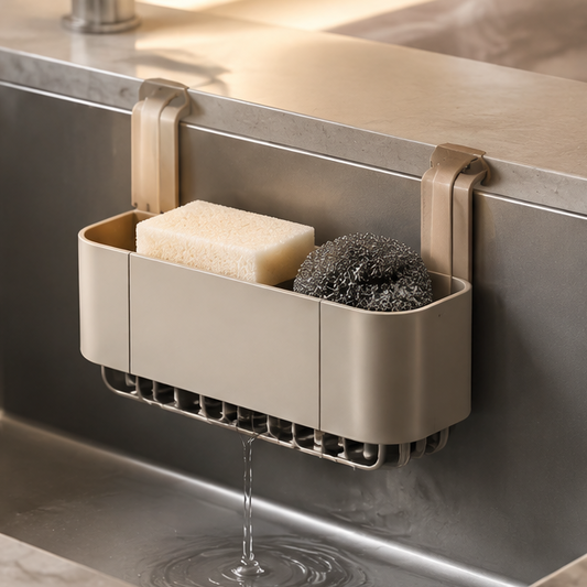 Sink caddy keeping sponge, scrubber and soap bottle together inside the sink