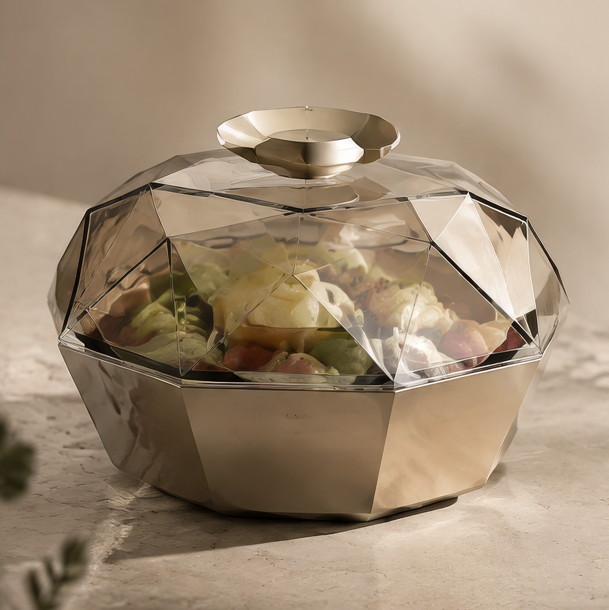 Faceted metallic-tone food bowl with transparent geometric lid and raised centre knob