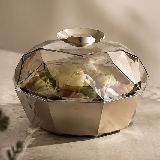 Faceted metallic-tone food bowl with transparent geometric lid and raised centre knob