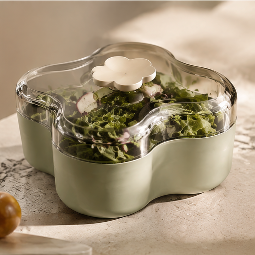 Sage-green flower-shaped food storage box with clear lid and floral handle, holding salad
