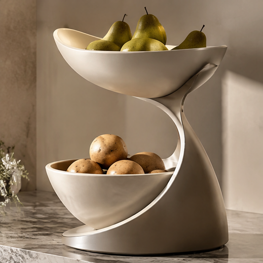 Cream-coloured curved two-tier fruit bowl stand holding pears above potatoes