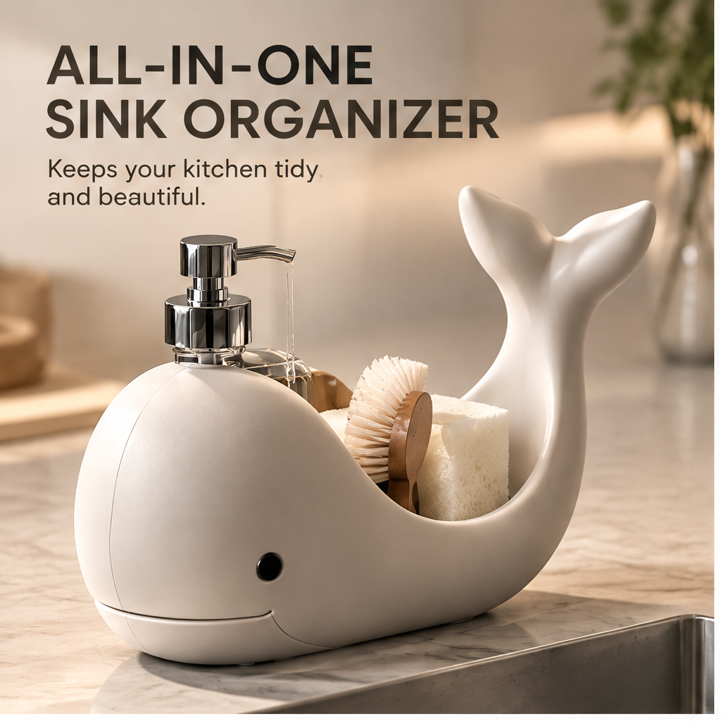 Cream-coloured whale-shaped sink caddy with soap pump, sponge and dish brush beside a sink