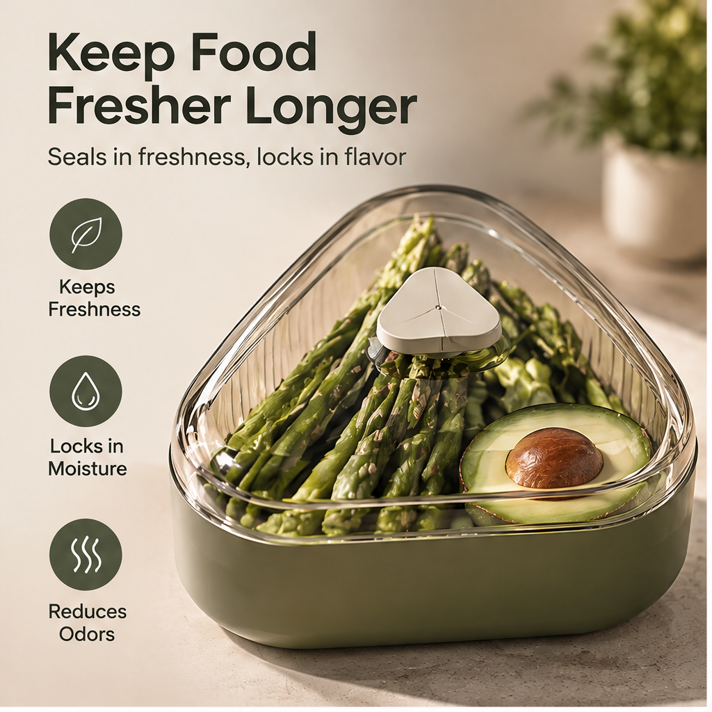 Vented triangular food container holding asparagus and avocado