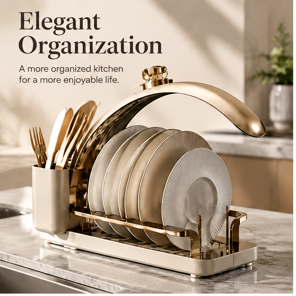 Dish rack holding upright plates and bowls with utensils in the side cup