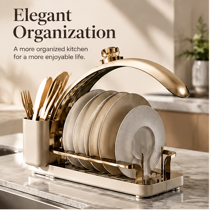 Dish rack holding upright plates and bowls with utensils in the side cup