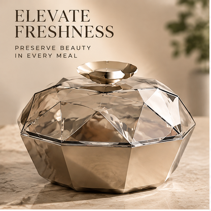 Faceted covered food bowl shown on a refrigerator shelf