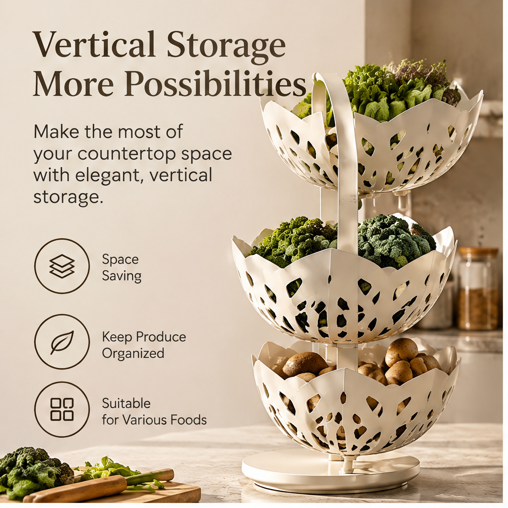 Three-tier produce rack displayed on a kitchen countertop