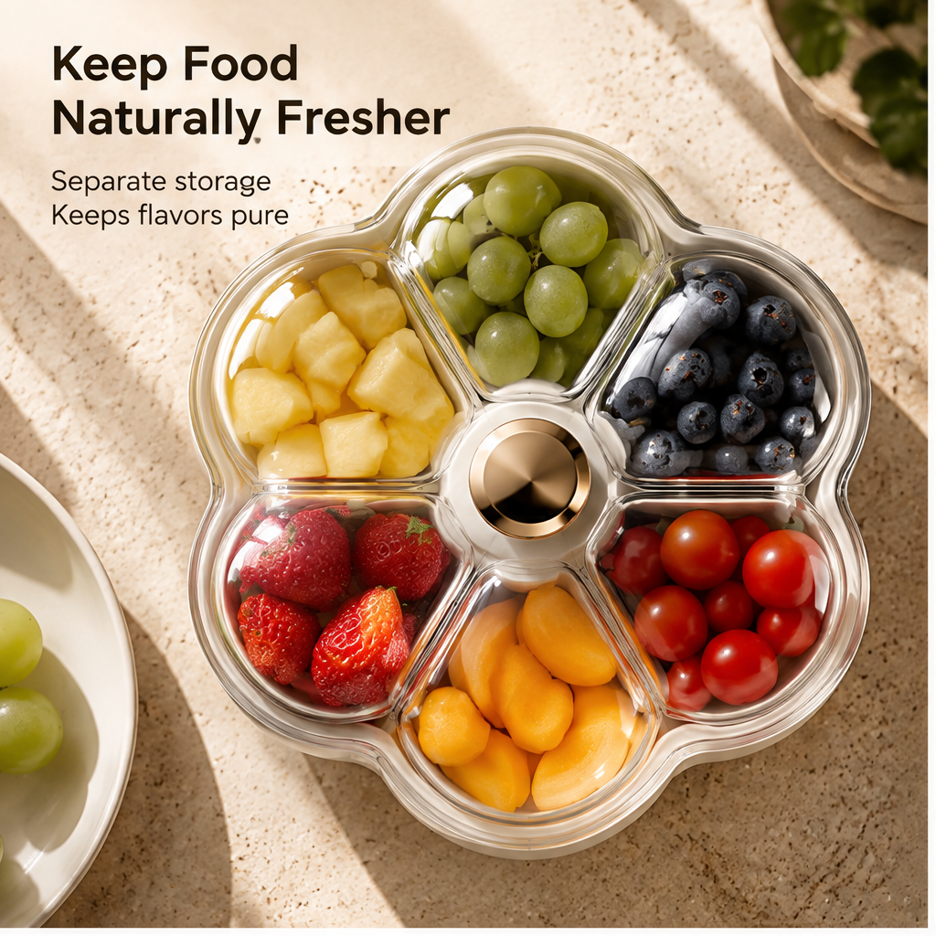 Separated clear lid, divided flower-shaped insert and outer bowl