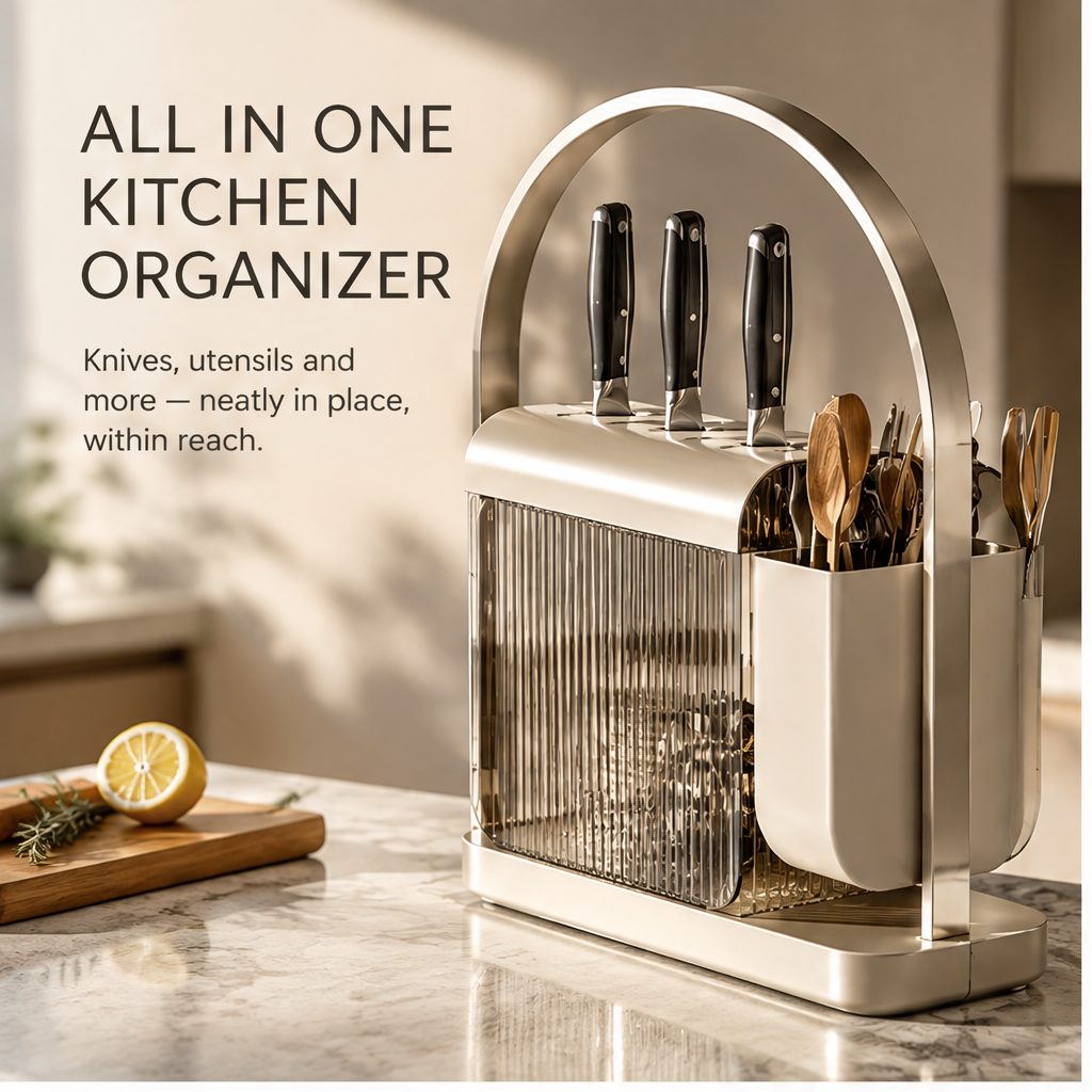 Arched countertop knife and utensil organizer with ribbed panels and side utensil cup