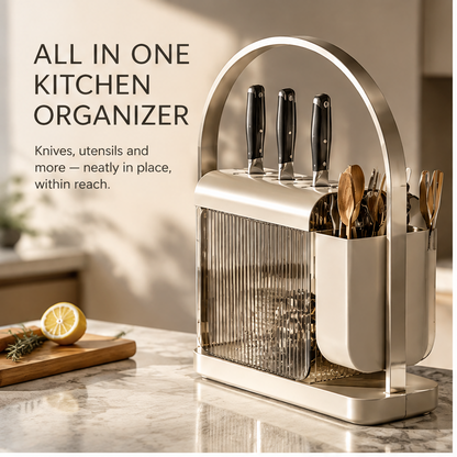 Arched countertop knife and utensil organizer with ribbed panels and side utensil cup