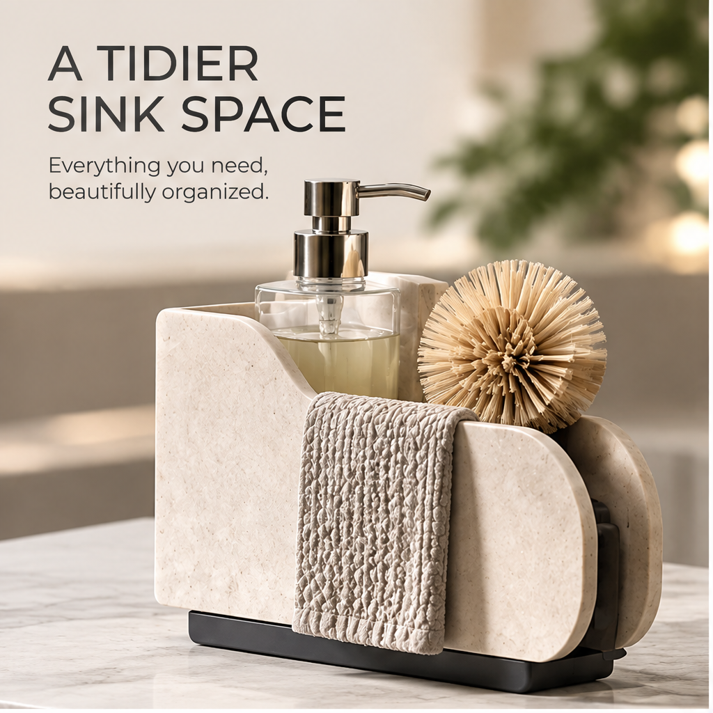 Light speckled divided sink caddy with soap bottle, dish brush, front dishcloth rail and dark drip tray