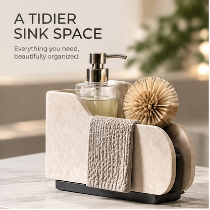 Light speckled divided sink caddy with soap bottle, dish brush, front dishcloth rail and dark drip tray