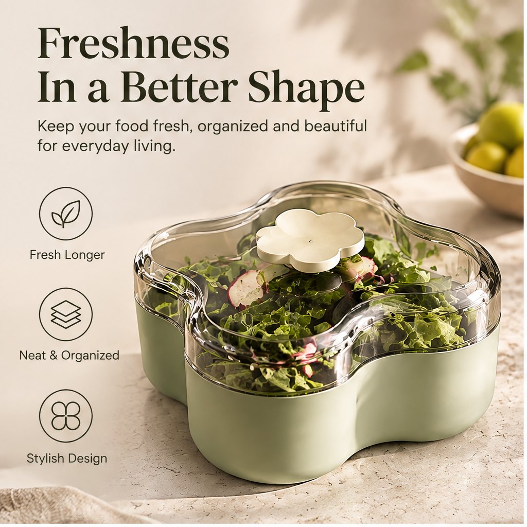 Flower-shaped food storage box holding colourful fruit