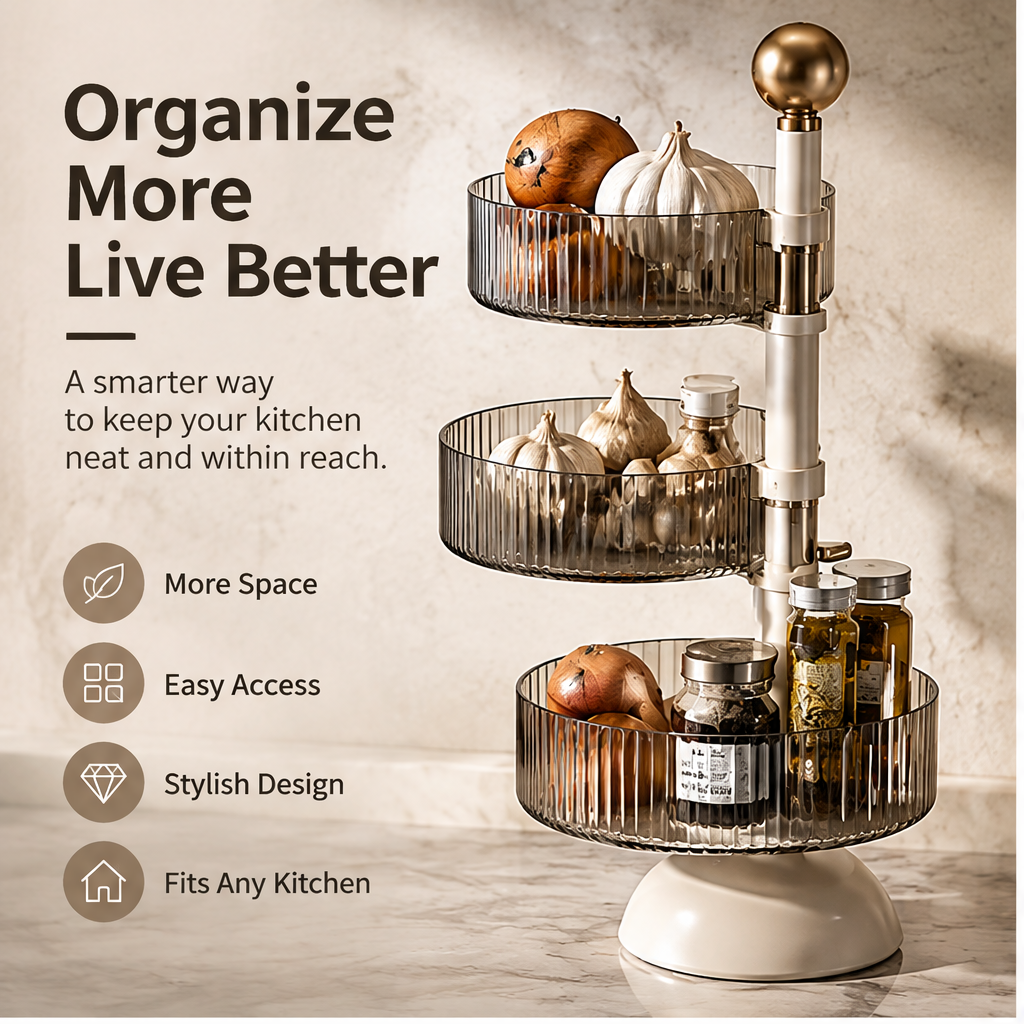 Three-tier storage rack with arrows illustrating rotating trays