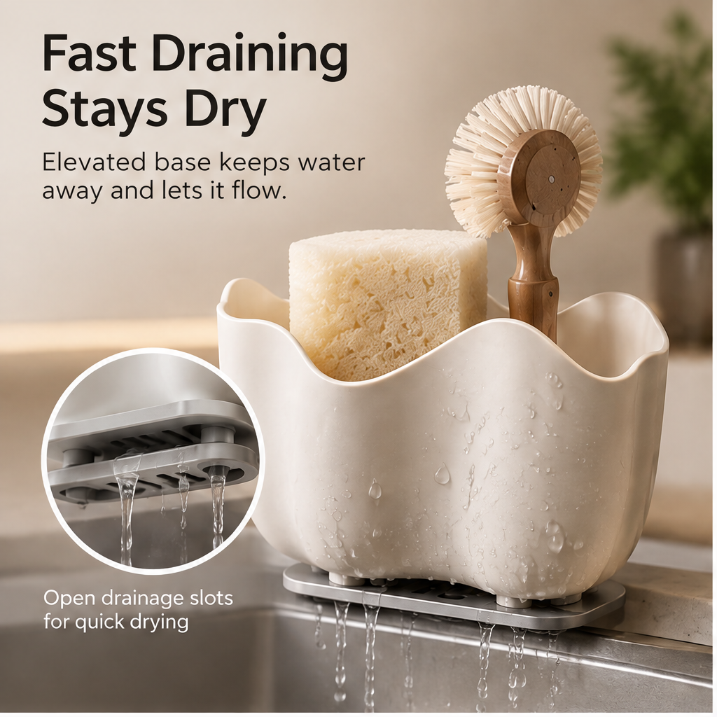 Close-up showing water draining through slots beneath the sink caddy