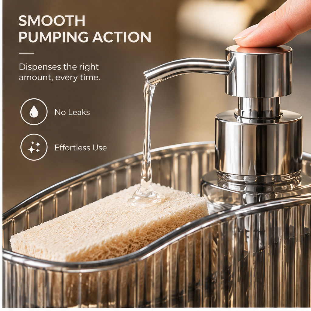 Ribbed sink caddy with silver-tone details displayed beside a kitchen sink