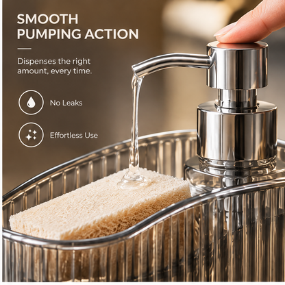 Ribbed sink caddy with silver-tone details displayed beside a kitchen sink