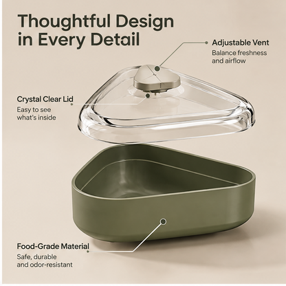 Separated transparent lid and olive-green triangular container base