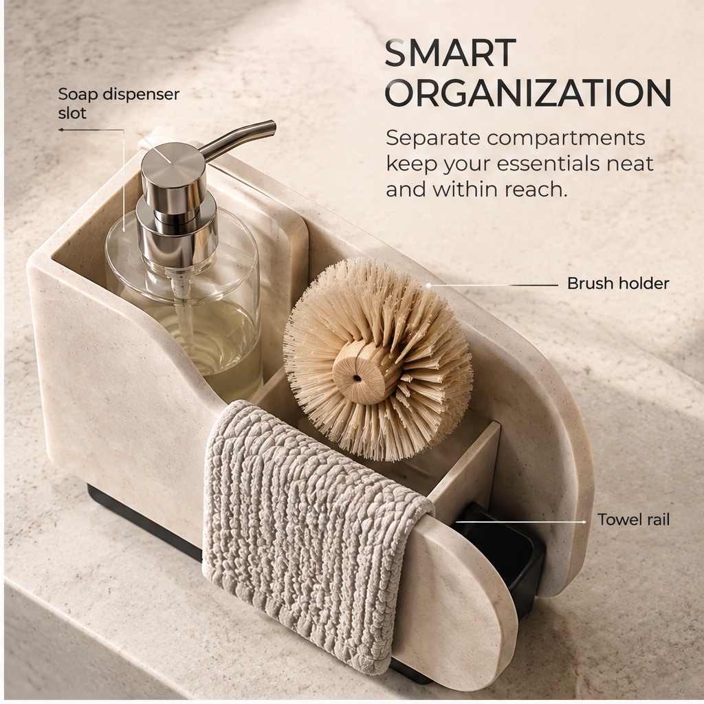 Curved speckled sink organizer with dishcloth draped across the front rail