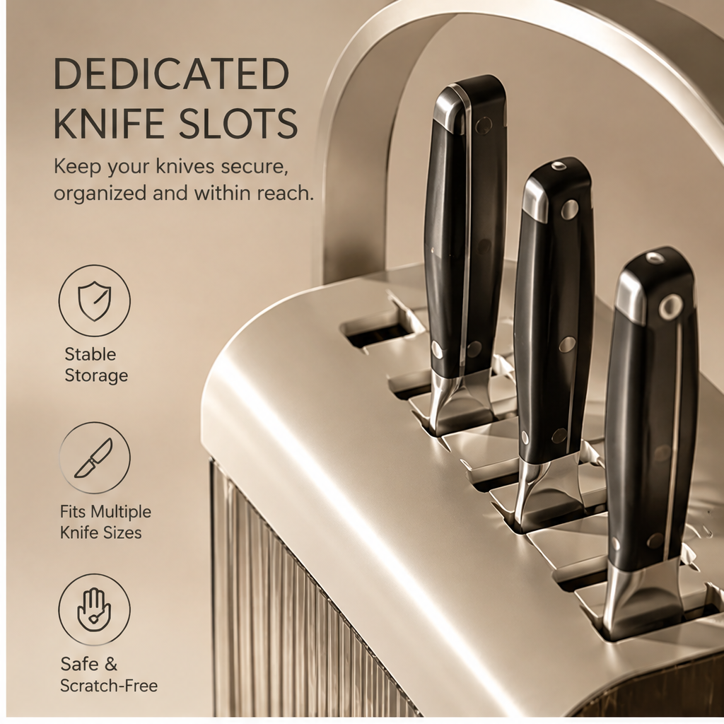 Countertop arched organizer holding knives and cooking utensils