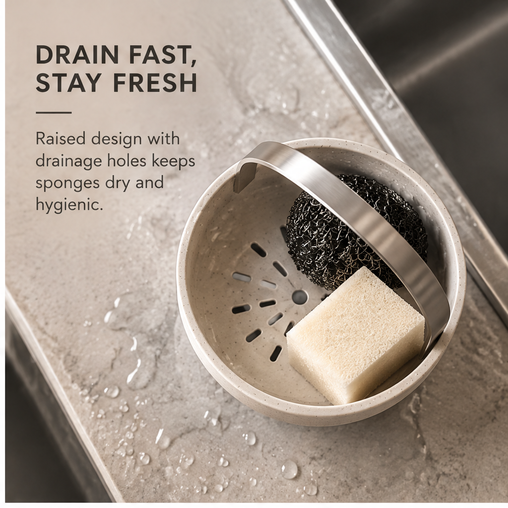 Speckled pedestal sponge holder with silver-tone arched handle holding a sponge and scrubber