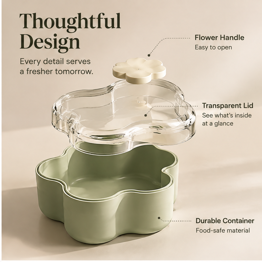 Flower-shaped covered food box holding leafy salad