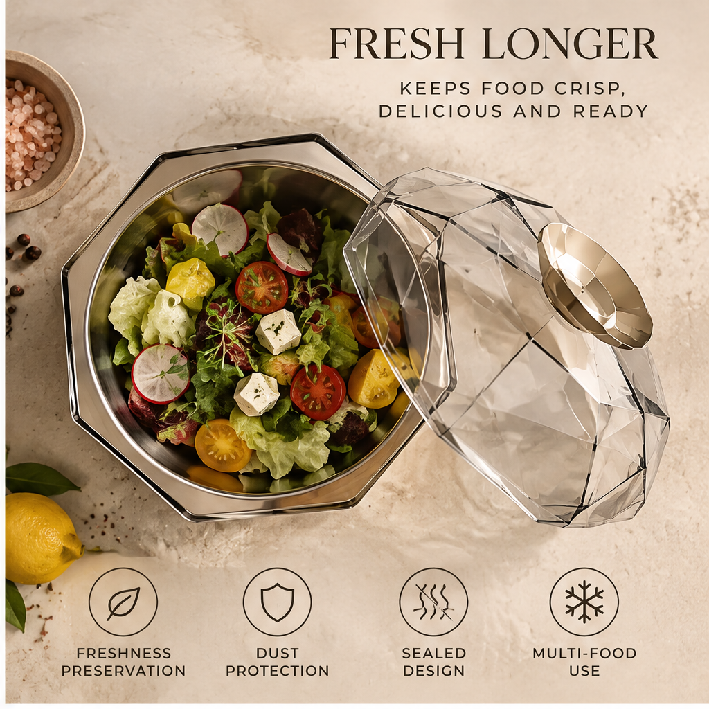 Closed faceted food bowl showing its geometric silhouette