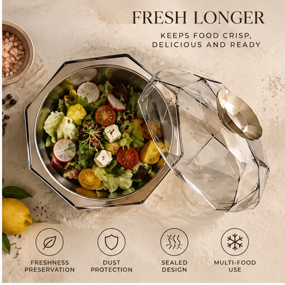 Closed faceted food bowl showing its geometric silhouette