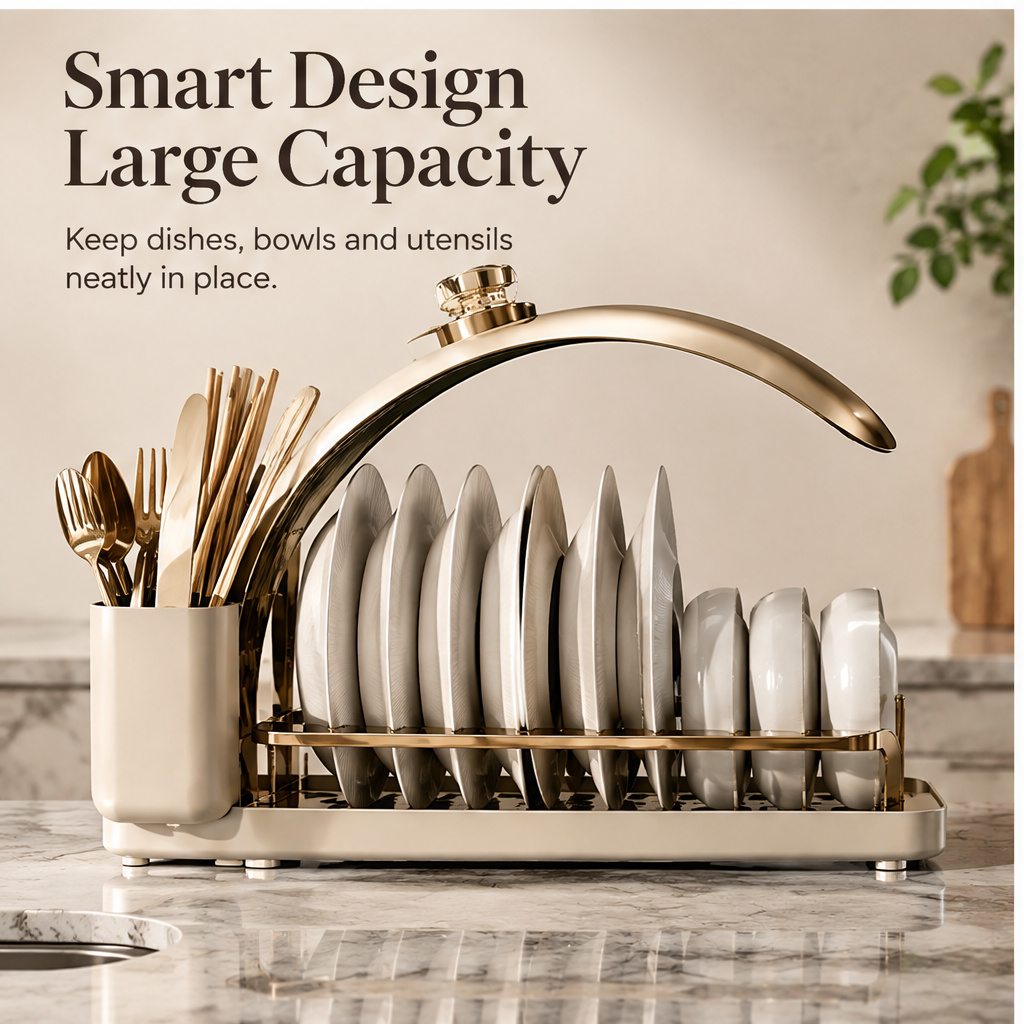 Cream and gold-tone curved dish rack holding plates with cutlery in a side cup
