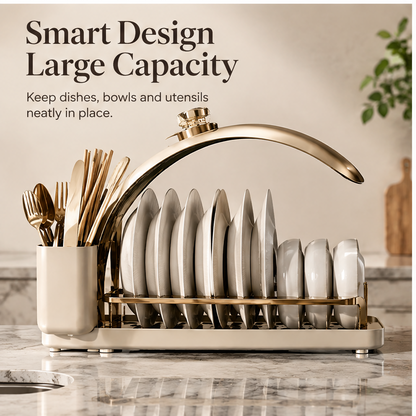 Cream and gold-tone curved dish rack holding plates with cutlery in a side cup