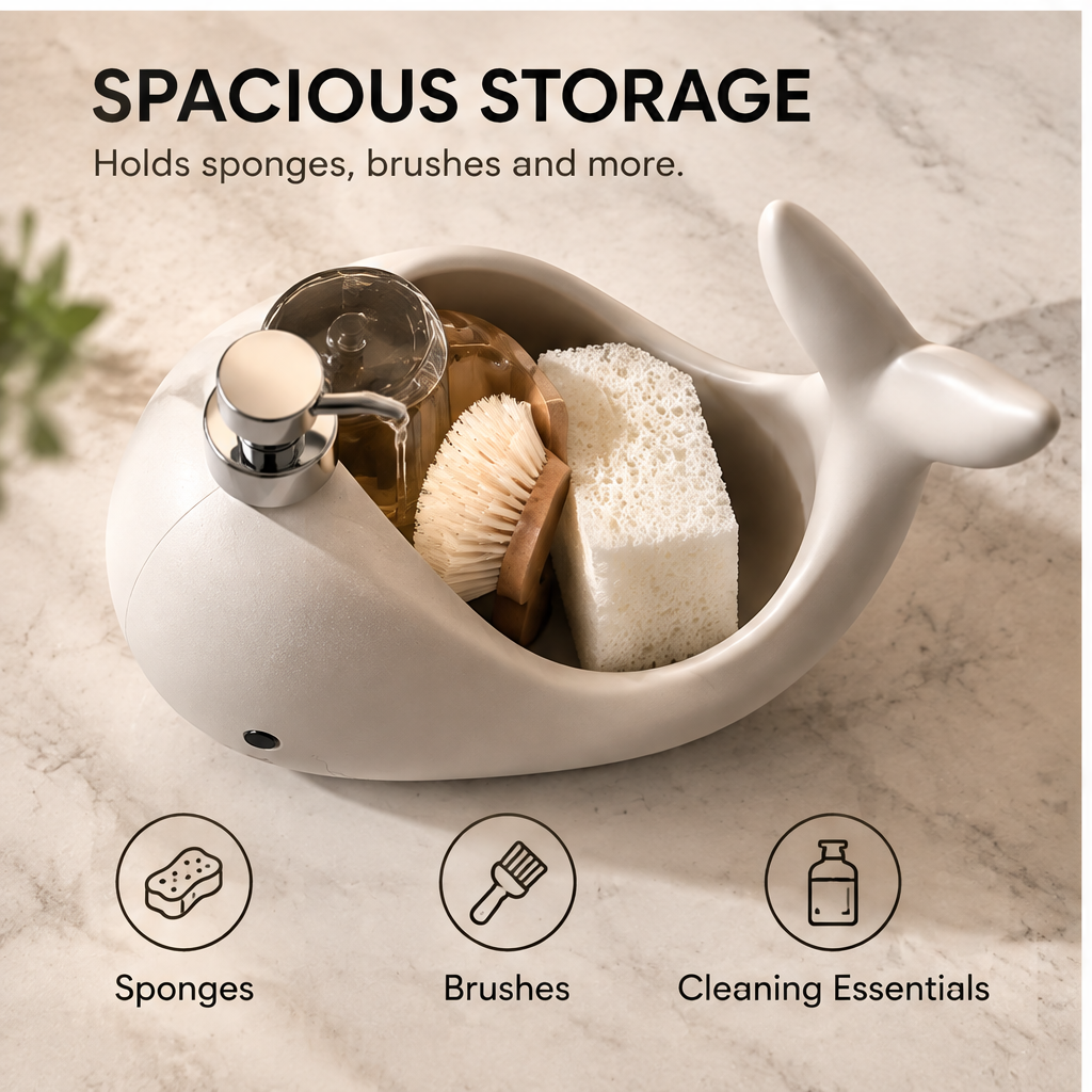 Overhead view of the whale caddy storage area holding soap bottle, brush and sponge