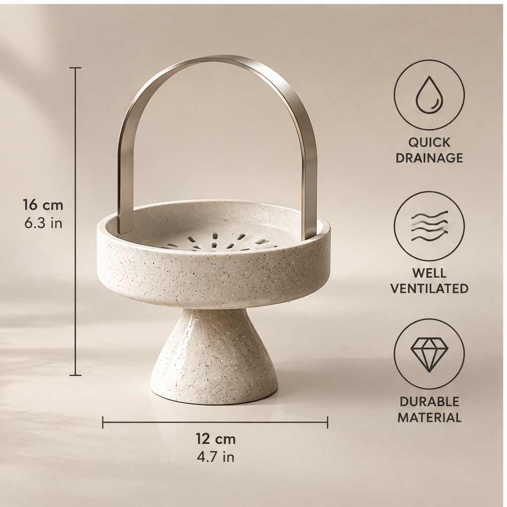 Round pedestal sponge holder displayed beside a kitchen sink
