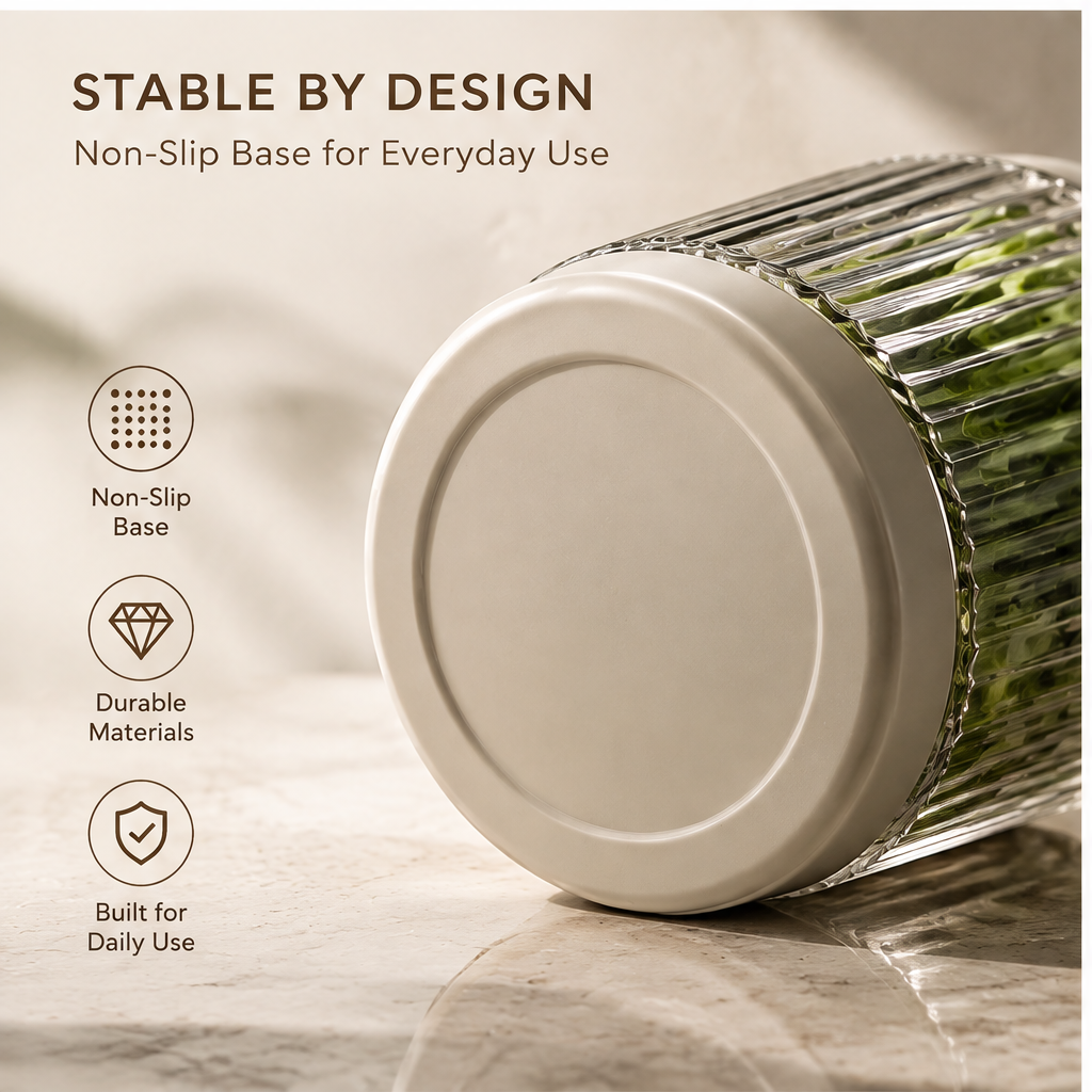 Top view of round cream-coloured lid with metallic-tone centre accent