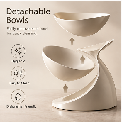 Curved two-tier fruit stand displaying citrus and apples on a kitchen counter
