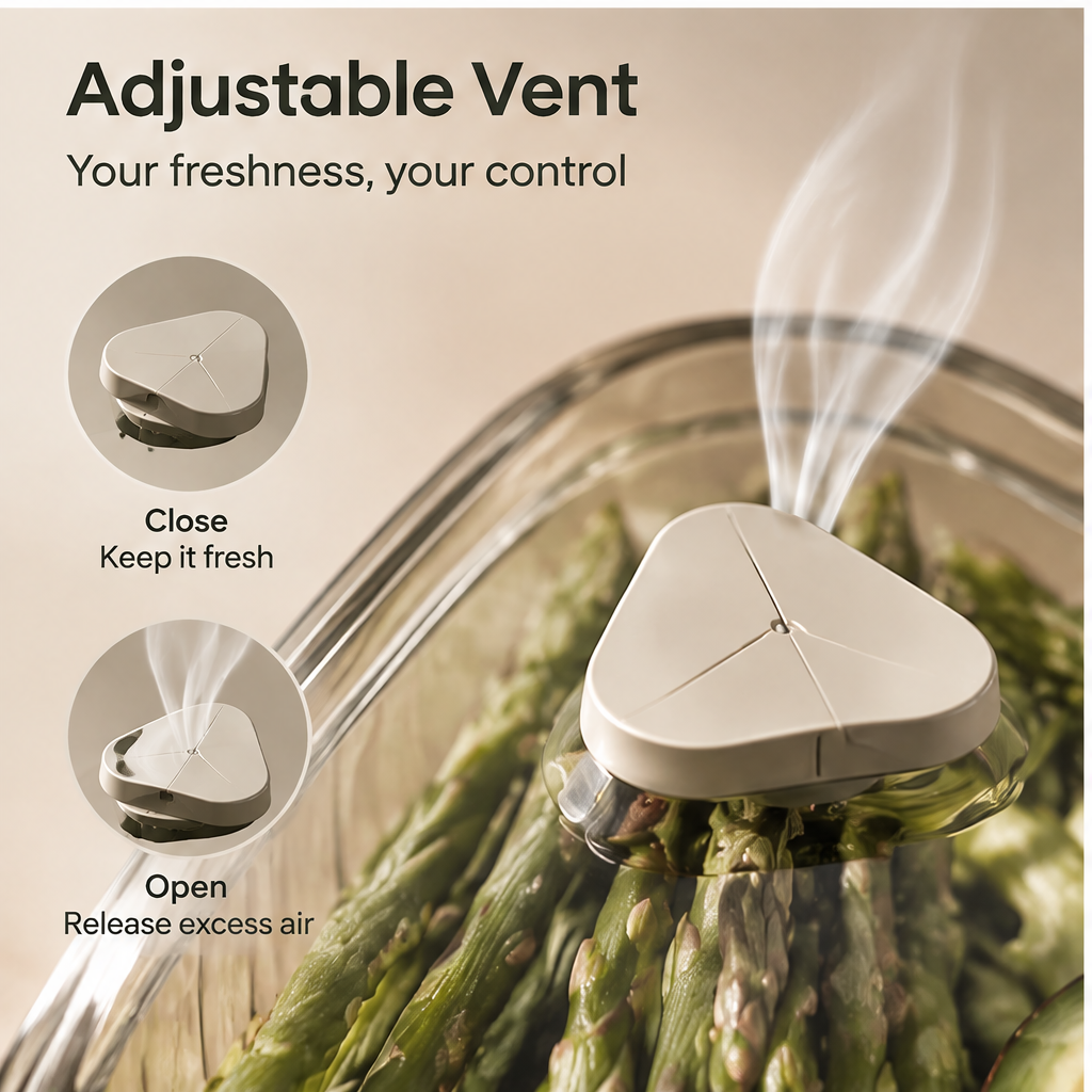 Olive-green triangular food container with clear vented lid, holding asparagus and avocado