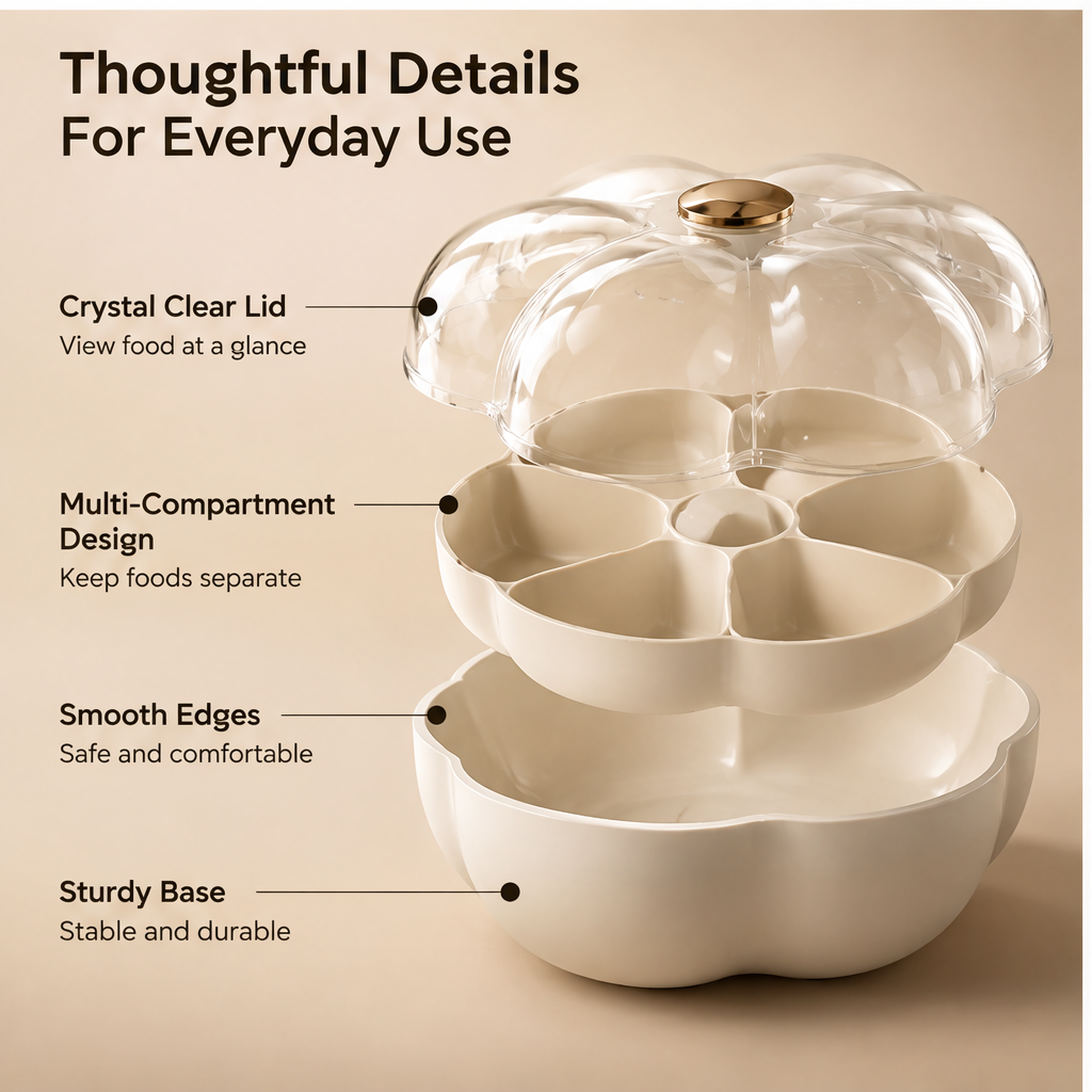 Covered flower-shaped food bowl holding grapes