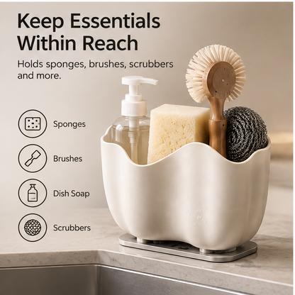 Wave-shaped caddy holding soap bottle, sponge, brush and scrubber beside a sink