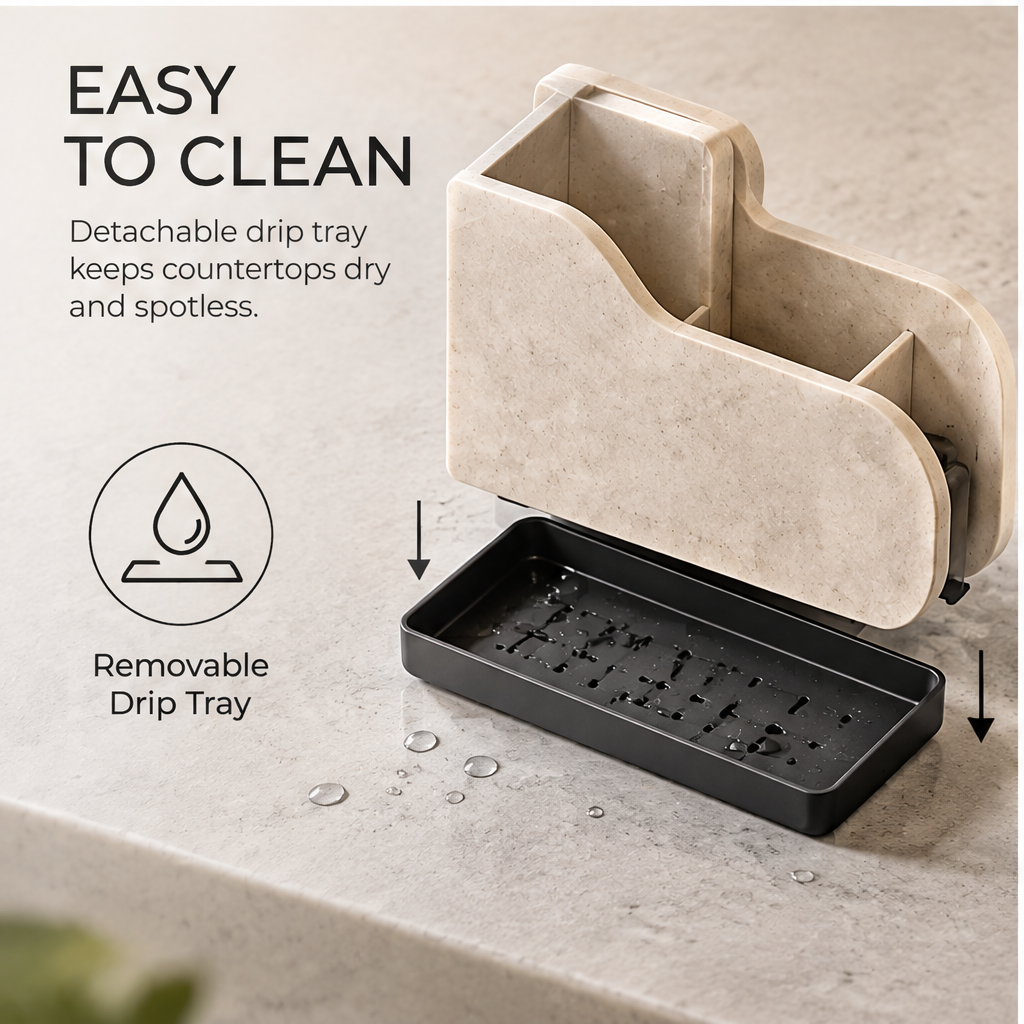 Sink caddy body lifted away from its removable dark drip tray