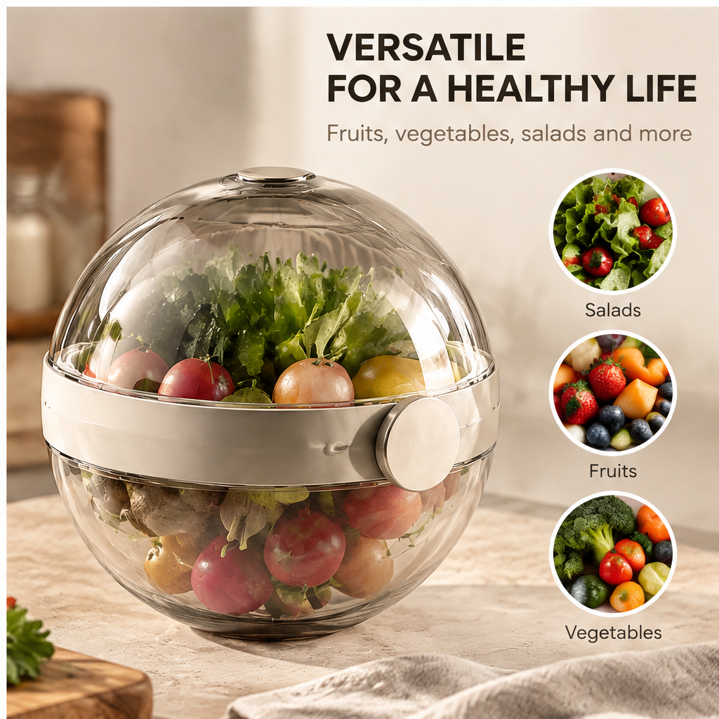 Clear spherical food storage container with domed lid filled with salad