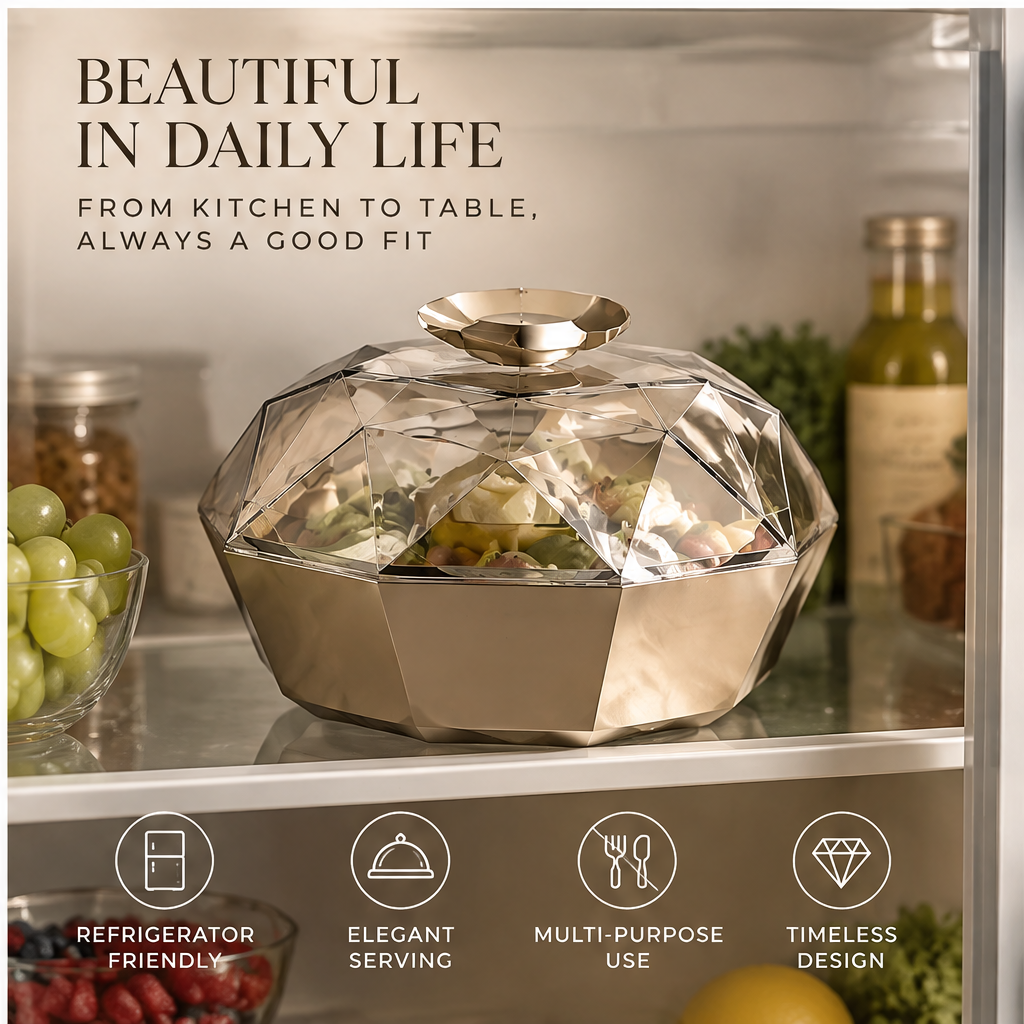 Separated faceted clear lid, round inner bowl and geometric outer base